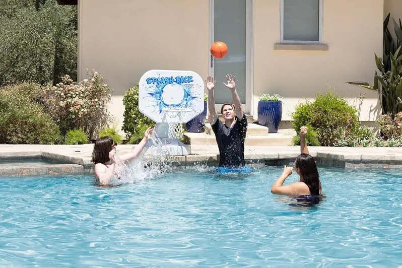 Splashback Poolside Basketball Game – Compact Blue Hoop System (34"W x 38"D x 45"H) for Backyard Fun