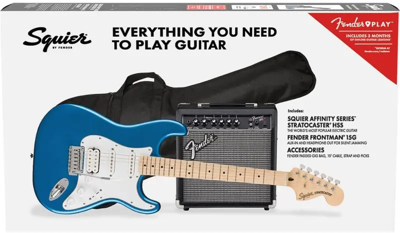 Squier Affinity Stratocaster HSS Guitar Pack with Maple Fingerboard — Lake Placid Blue