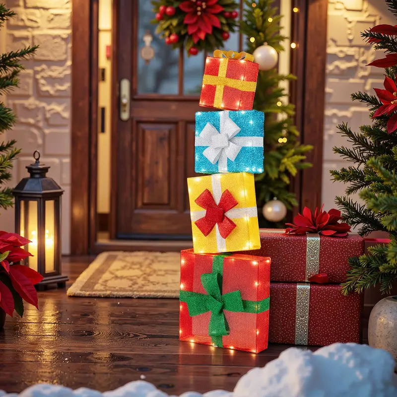 Stackable 4-Foot Lighted Gift Boxes – Pre-Lit Christmas Decor with Warm LED Lights