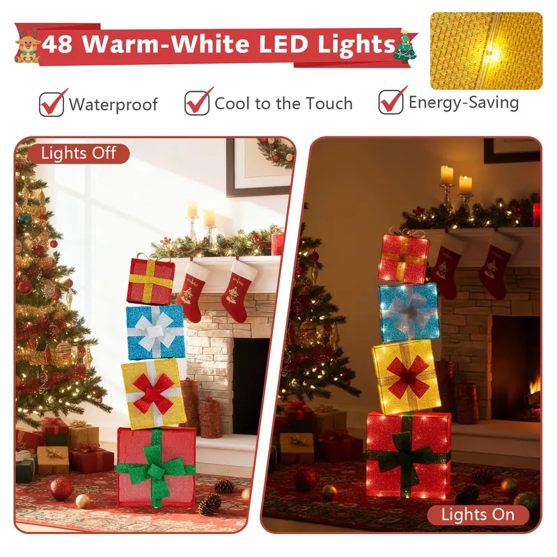 Stackable 4-Foot Lighted Gift Boxes – Pre-Lit Christmas Decor with Warm LED Lights 2