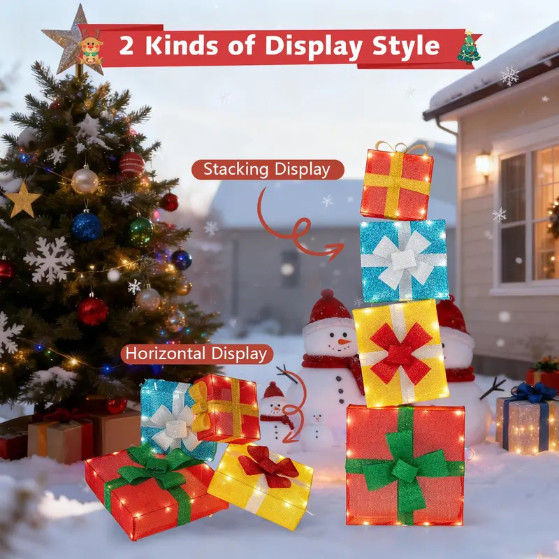 Stackable 4-Foot Lighted Gift Boxes – Pre-Lit Christmas Decor with Warm LED Lights