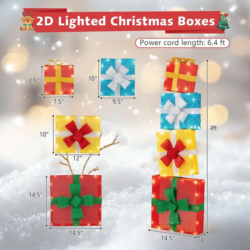 Stackable 4-Foot Lighted Gift Boxes – Pre-Lit Christmas Decor with Warm LED Lights