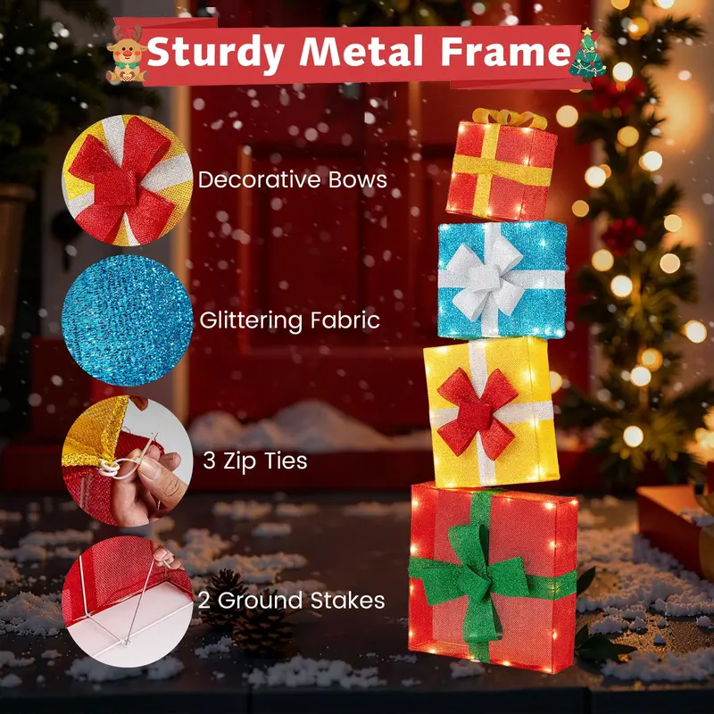 Stackable 4-Foot Lighted Gift Boxes – Pre-Lit Christmas Decor with Warm LED Lights