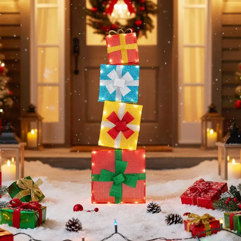 Stackable 4-Foot Lighted Gift Boxes – Pre-Lit Christmas Decor with Warm LED Lights