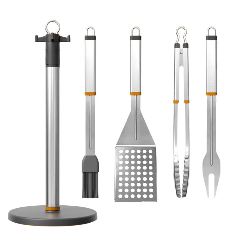 Stainless Steel 4-Piece BBQ Tool Set with Rotating Stand