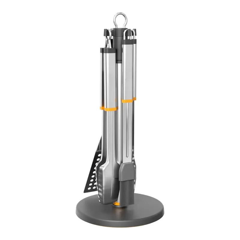 Stainless Steel 4-Piece BBQ Tool Set with Rotating Stand 2