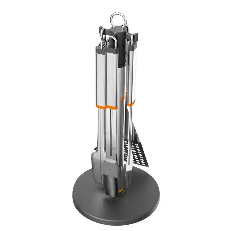 Stainless Steel 4-Piece BBQ Tool Set with Rotating Stand