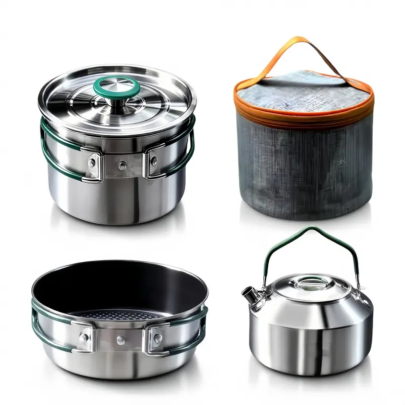 Stainless Steel Camping Cookware Set – Frying Pan, Saucepan & Kettle with Foldable Handles