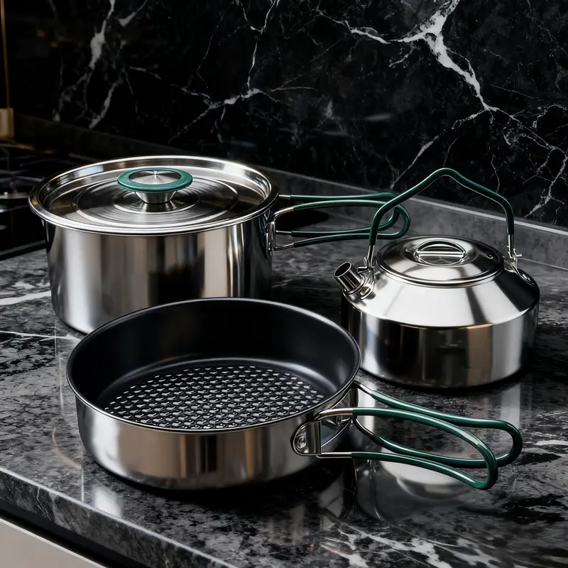 Stainless Steel Camping Cookware Set – Frying Pan, Saucepan & Kettle with Foldable Handles 2