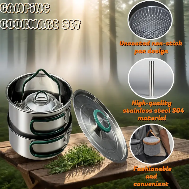 Stainless Steel Camping Cookware Set – Frying Pan, Saucepan & Kettle with Foldable Handles