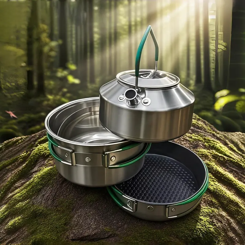Stainless Steel Camping Cookware Set – Frying Pan, Saucepan & Kettle with Foldable Handles