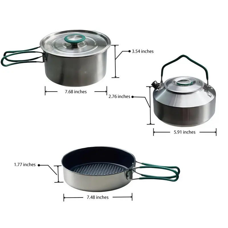 Stainless Steel Camping Cookware Set – Frying Pan, Saucepan & Kettle with Foldable Handles