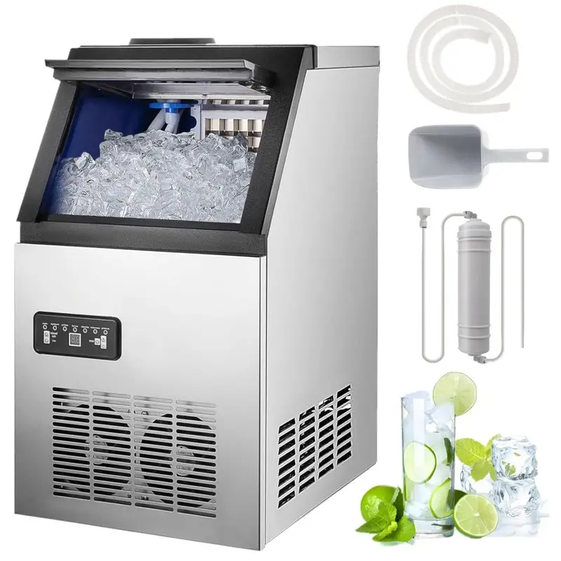 Stainless Steel Commercial Ice Maker – 90 lbs/24H Output, 33-Lb Storage Bin, Top-Loading Design, Fits Under Counter or Stands Freestanding