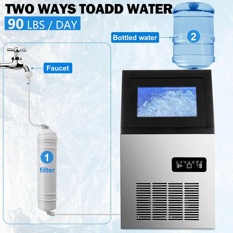 Stainless Steel Commercial Ice Maker – 90 lbs/24H Output, 33-Lb Storage Bin, Top-Loading Design, Fits Under Counter or Stands Freestanding