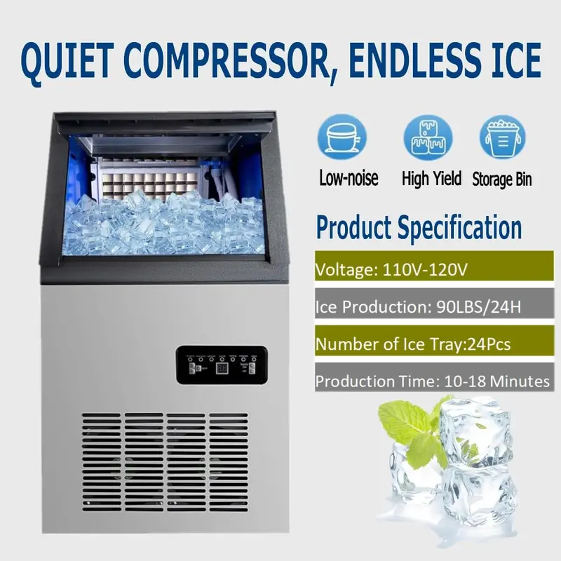 Stainless Steel Commercial Ice Maker – 90 lbs/24H Output, 33-Lb Storage Bin, Top-Loading Design, Fits Under Counter or Stands Freestanding