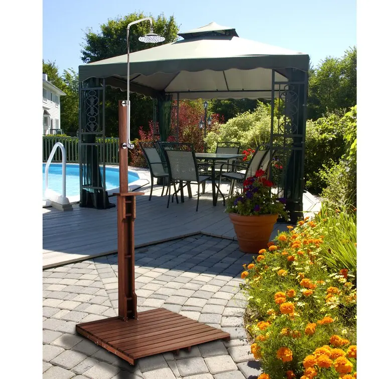 Stainless Steel Freestanding Outdoor Shower – 94.5-Inch Tall with Duckboard Flooring