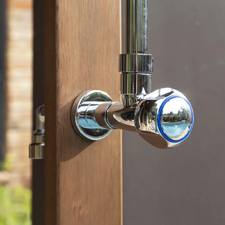 Stainless Steel Freestanding Outdoor Shower – 94.5-Inch Tall with Duckboard Flooring