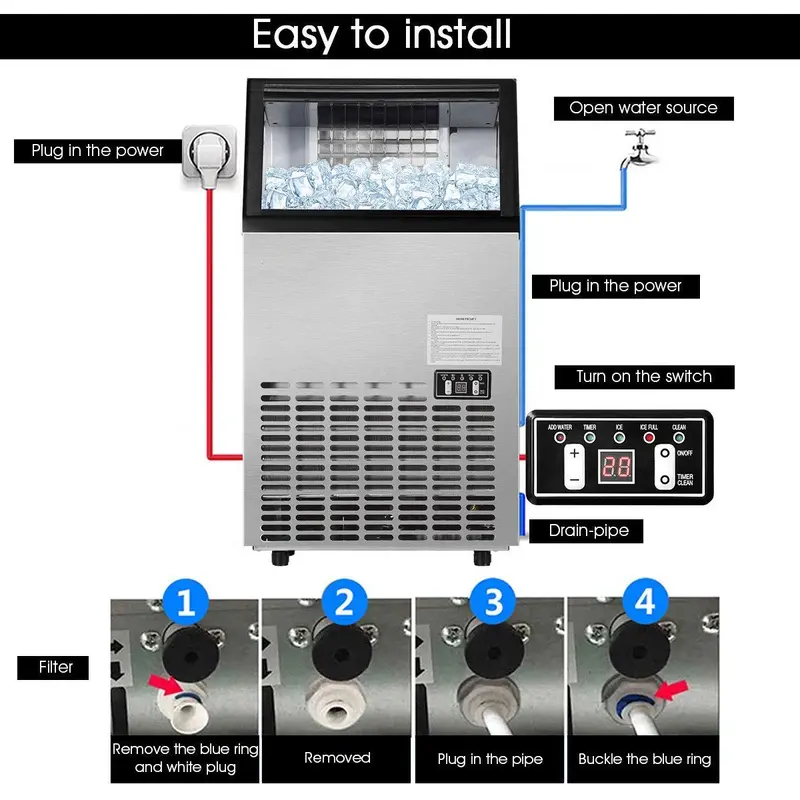 Stainless Steel Home or Light Commercial Ice Maker – 33 lbs Storage, Built-In Shovel, and Quiet Operation