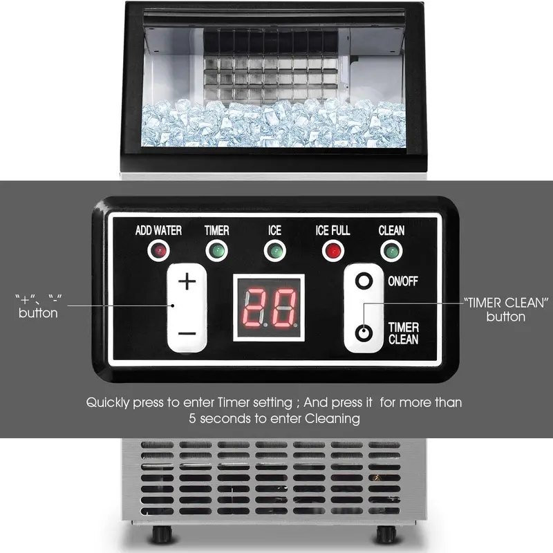 Stainless Steel Home or Light Commercial Ice Maker – 33 lbs Storage, Built-In Shovel, and Quiet Operation
