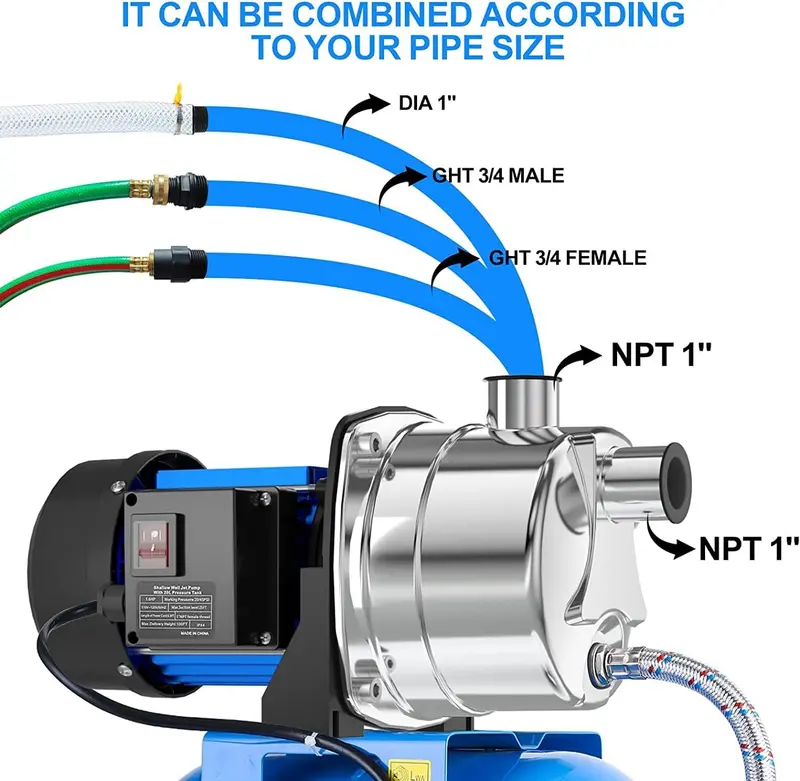 Stainless Steel Shallow Well Pump – 1.6HP Jet Pump with Pressure Tank, 1268 GPH for Irrigation & Home Water Systems