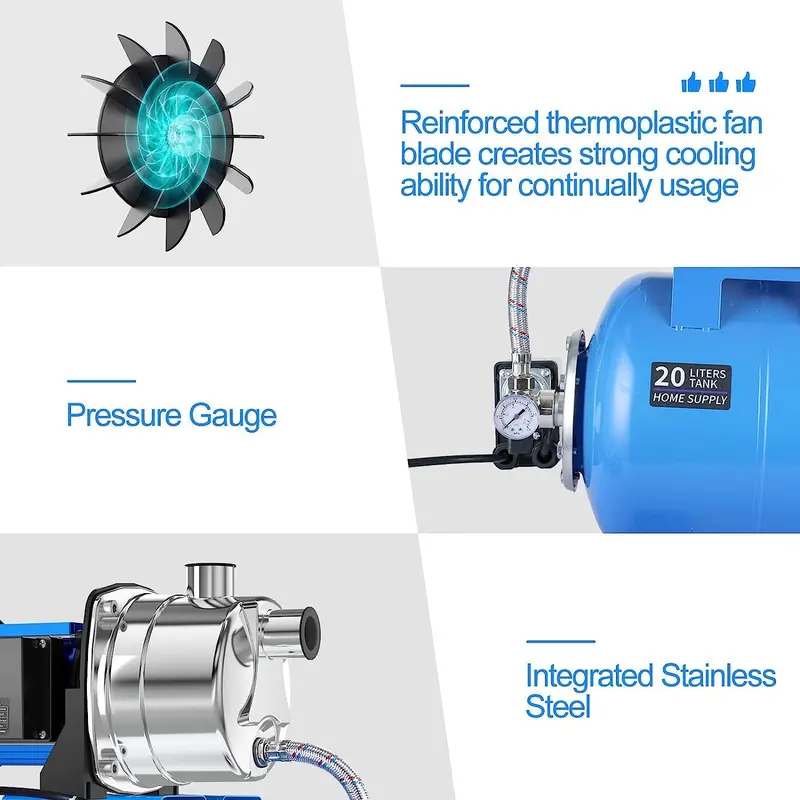 Stainless Steel Shallow Well Pump – 1.6HP Jet Pump with Pressure Tank, 1268 GPH for Irrigation & Home Water Systems
