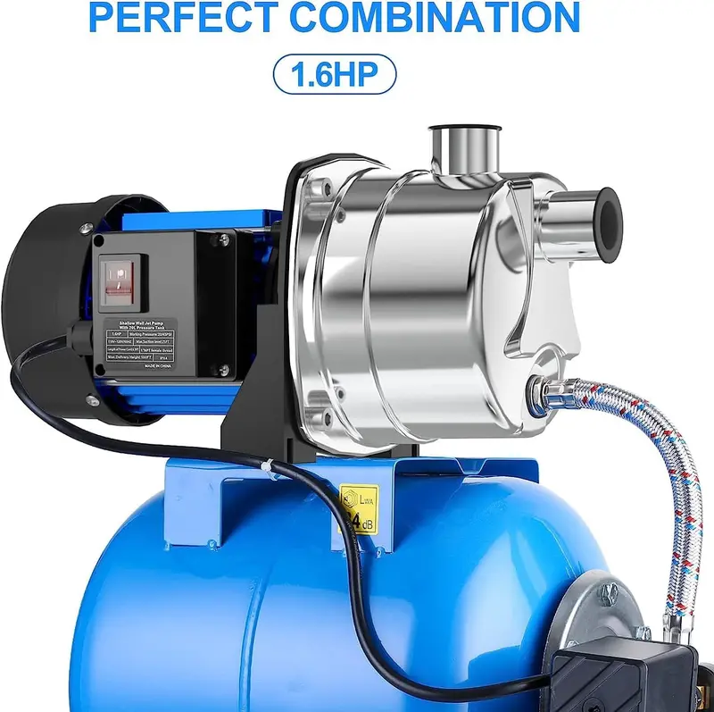 Stainless Steel Shallow Well Pump – 1.6HP Jet Pump with Pressure Tank, 1268 GPH for Irrigation & Home Water Systems