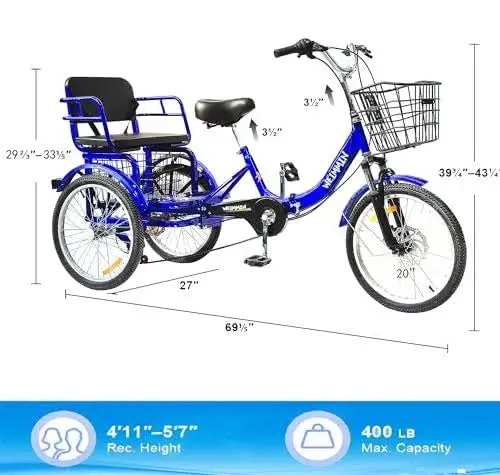 Star Strip Blue Folding Adult Tricycle – 20-Inch 7-Speed 3-Wheeler with Stable Frame and Compact Fold Design