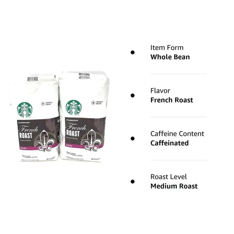 Starbucks French Roast Whole Bean Coffee – 80 oz (2 × 40 oz) Bag, Intense Smoky Dark Roast