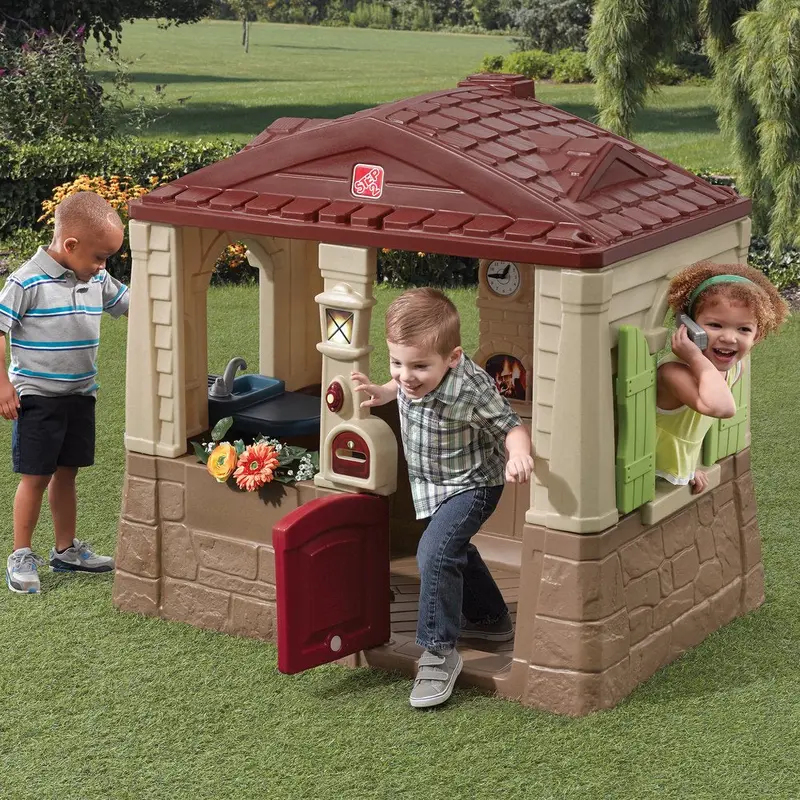 Step2 Neat & Tidy Cottage II Playhouse – Weather-Resistant Brown Plastic Kids’ Outdoor Toy with Dutch Door & Pretend Kitchen