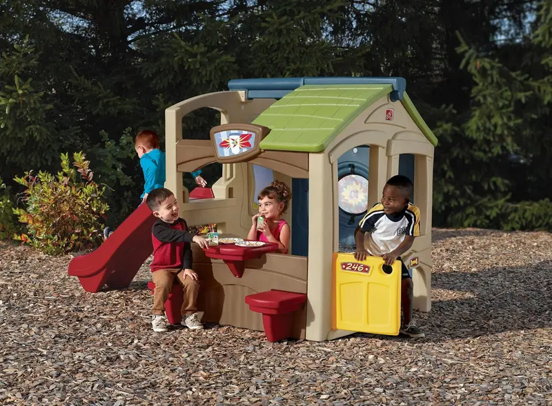 Step2 Neighborhood Fun Center Playhouse – Brown Outdoor Slide Playset for Kids