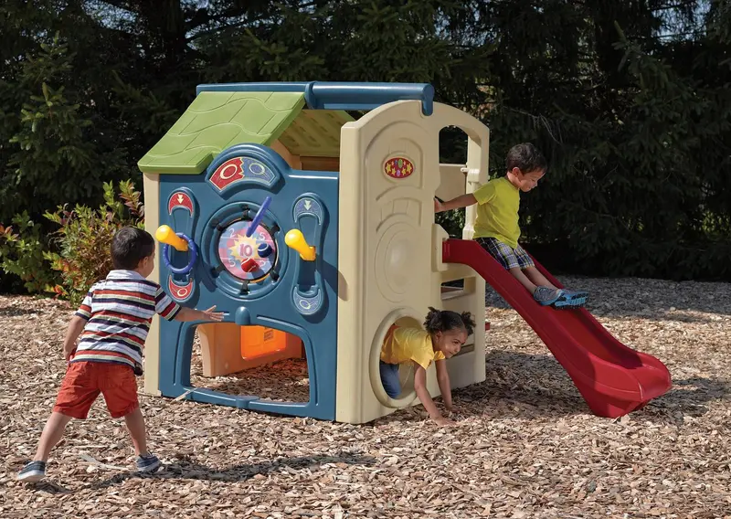 Step2 Neighborhood Fun Center Playhouse – Brown Outdoor Slide Playset for Kids
