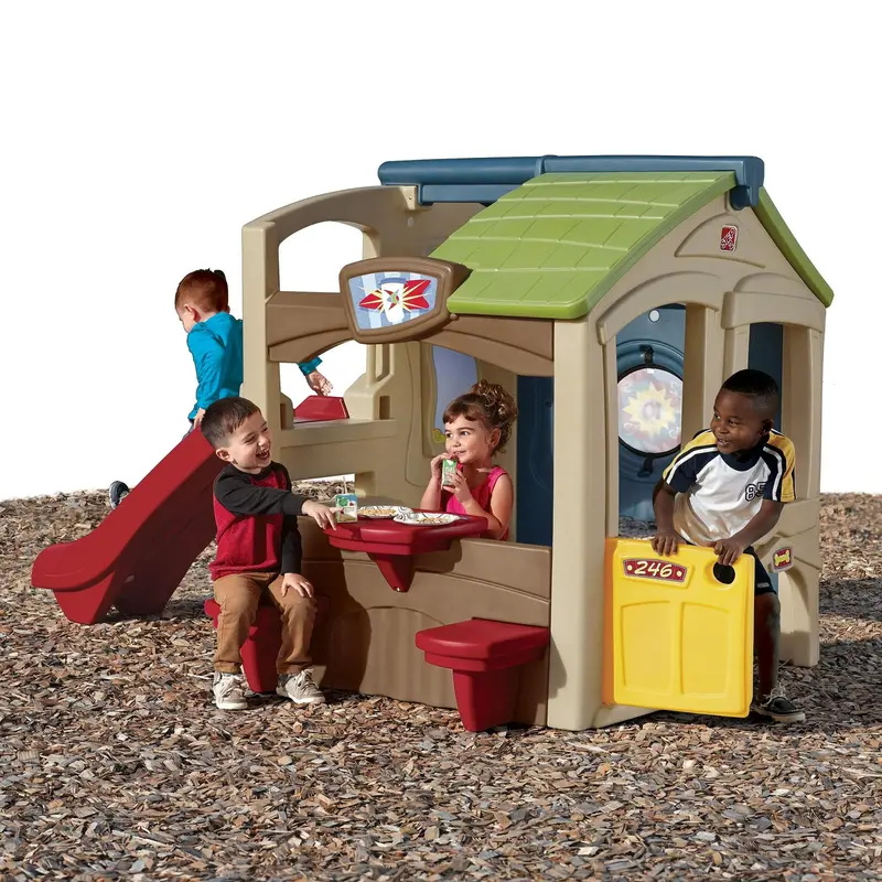 Step2 Neighborhood Fun Center Playhouse – Brown Outdoor Slide Playset for Kids