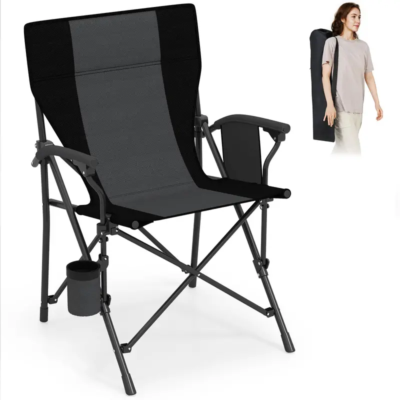 Sturdy Portable Lawn Chair with Padded Armrests, Cup Holder & 350-Pound Support