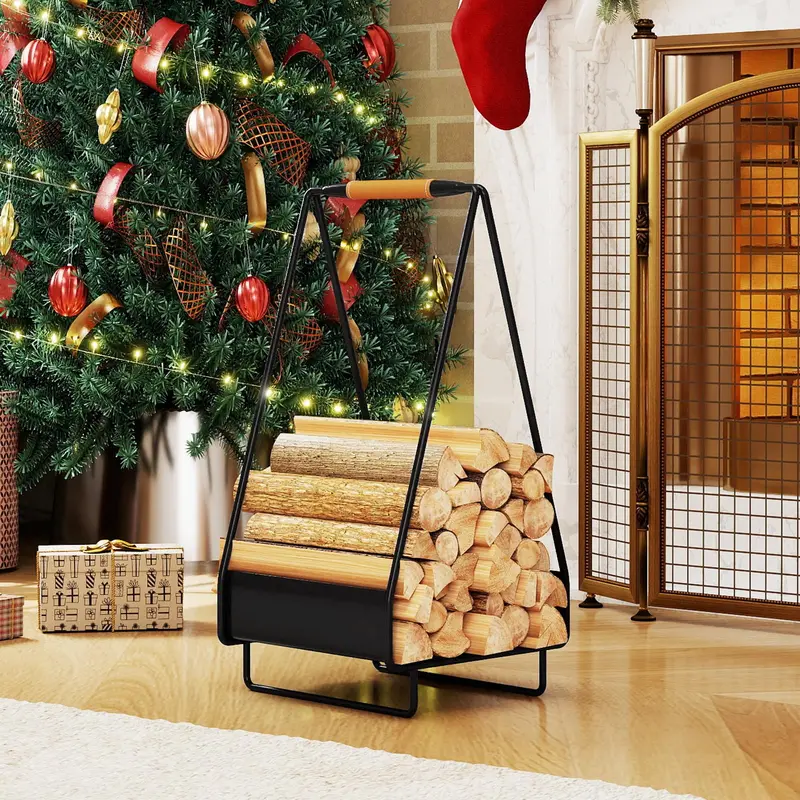 Sturdy Square-Design Metal Log Holder with Carry Handle and Floor-Stable Base