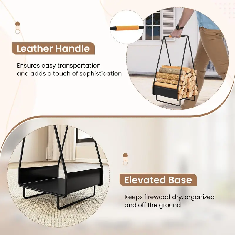 Sturdy Square-Design Metal Log Holder with Carry Handle and Floor-Stable Base