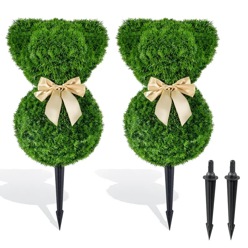 Sun-Resistant Teddy Bear Topiary Pair — 16.5-Inch UV-Protected Faux Boxwood Plants