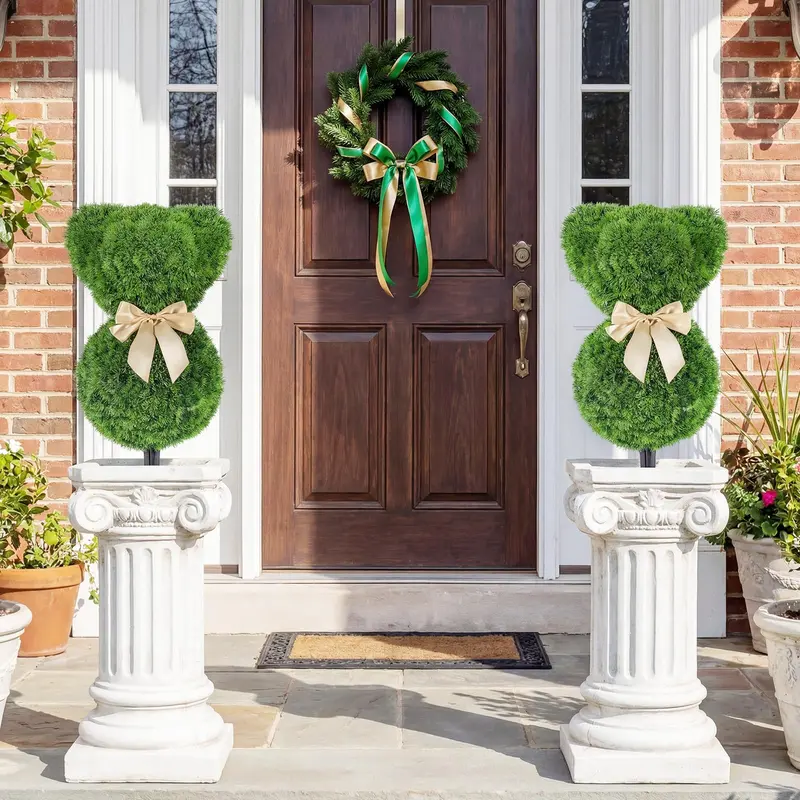 Sun-Resistant Teddy Bear Topiary Pair — 16.5-Inch UV-Protected Faux Boxwood Plants 2
