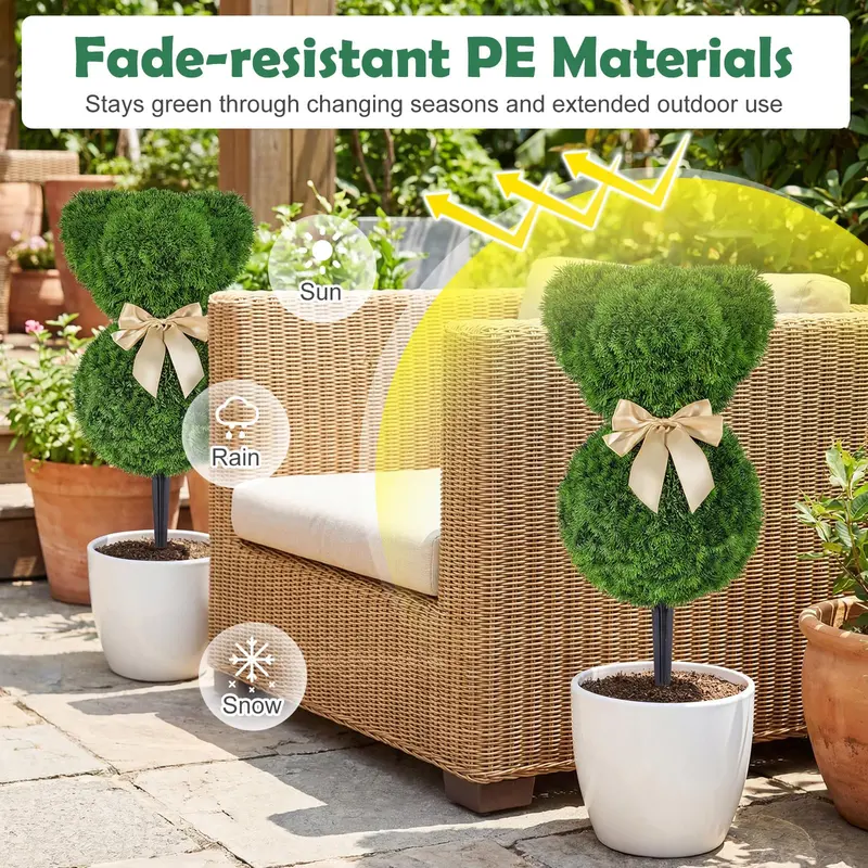 Sun-Resistant Teddy Bear Topiary Pair — 16.5-Inch UV-Protected Faux Boxwood Plants