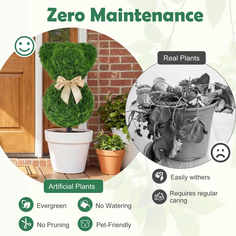Sun-Resistant Teddy Bear Topiary Pair — 16.5-Inch UV-Protected Faux Boxwood Plants