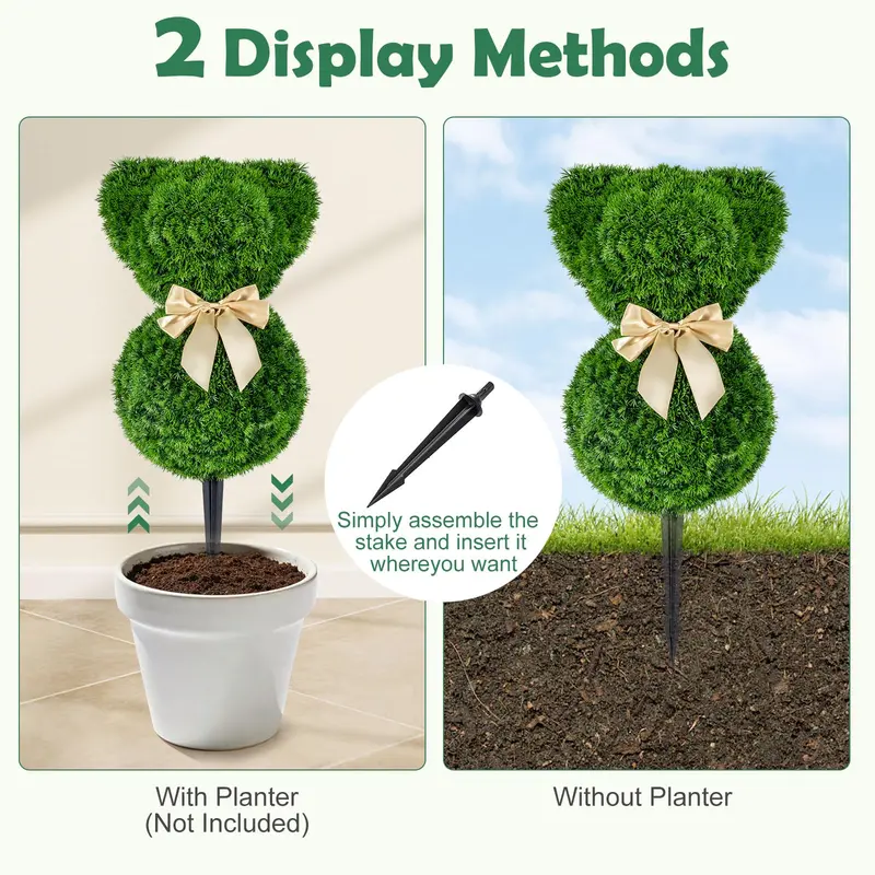 Sun-Resistant Teddy Bear Topiary Pair — 16.5-Inch UV-Protected Faux Boxwood Plants