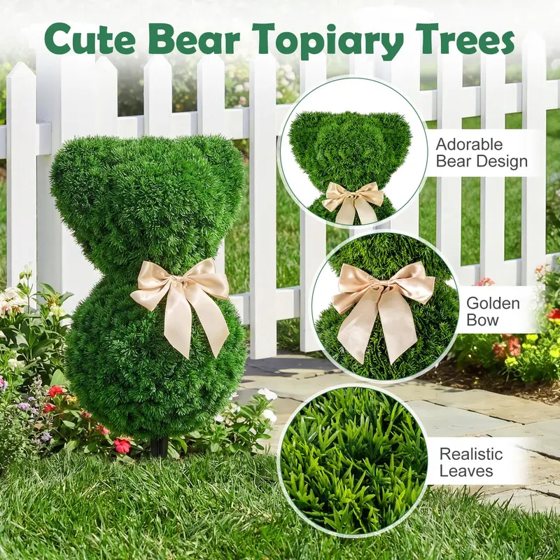 Sun-Resistant Teddy Bear Topiary Pair — 16.5-Inch UV-Protected Faux Boxwood Plants
