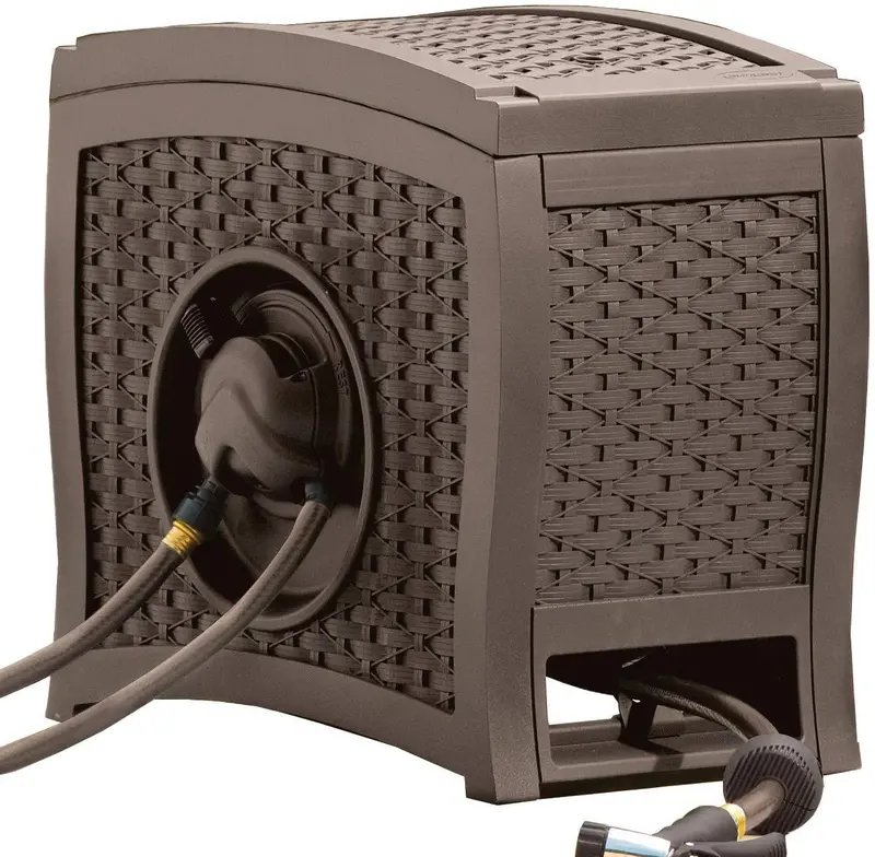 Suncast Aquawinder 125-Foot Retractable Hose Reel — Water-Powered, Wicker Design, Java Finish