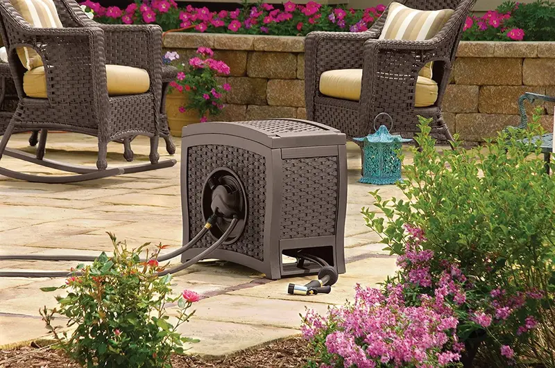 Suncast Aquawinder 125-Foot Retractable Hose Reel — Water-Powered, Wicker Design, Java Finish