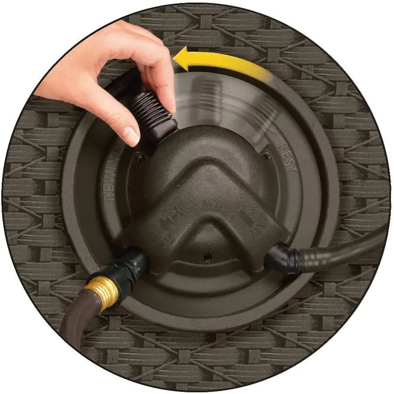Suncast Aquawinder Hose Reel – Hands-Free, Water-Powered Retractable Reel in Wicker-Style Java Finish