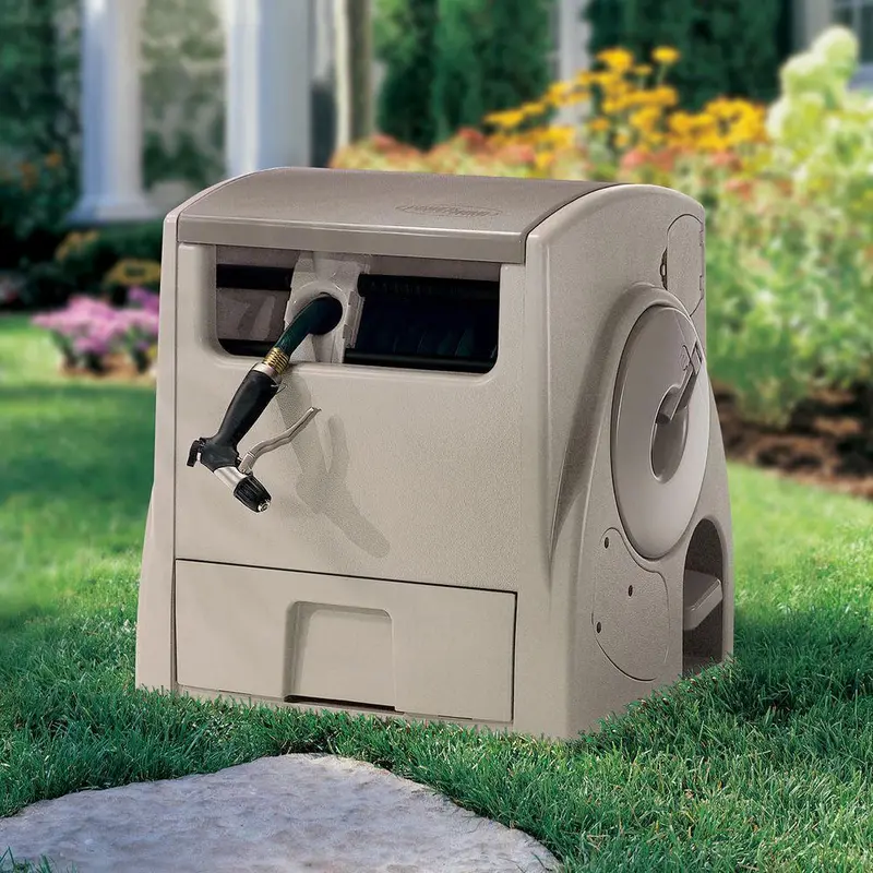 Suncast Powerwind Auto-Rewind Hose Reel – 100 ft Capacity, Light Taupe Exterior Finish
