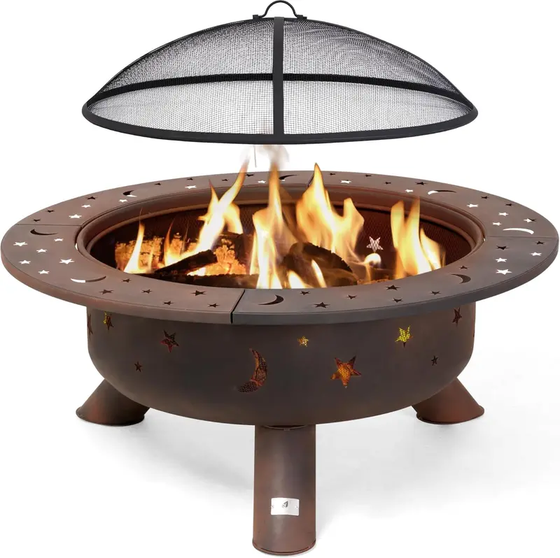 SUNCREAT 42-inch Outdoor Wood-Burning Fire Pit with Spark Screen & Poker – Black