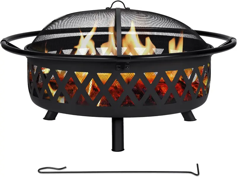 SUNCREAT 42-inch Outdoor Wood-Burning Fire Pit with Spark Screen & Poker – Black