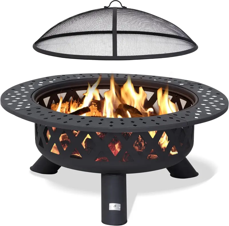 SUNCREAT 42-inch Outdoor Wood-Burning Fire Pit with Spark Screen & Poker – Black