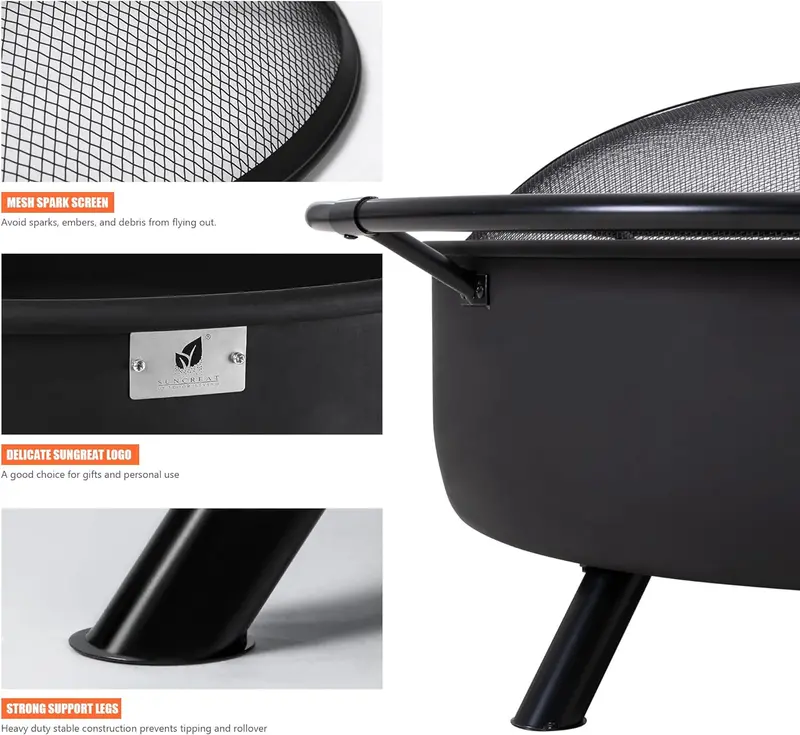 SUNCREAT 42-inch Outdoor Wood-Burning Fire Pit with Spark Screen & Poker – Black