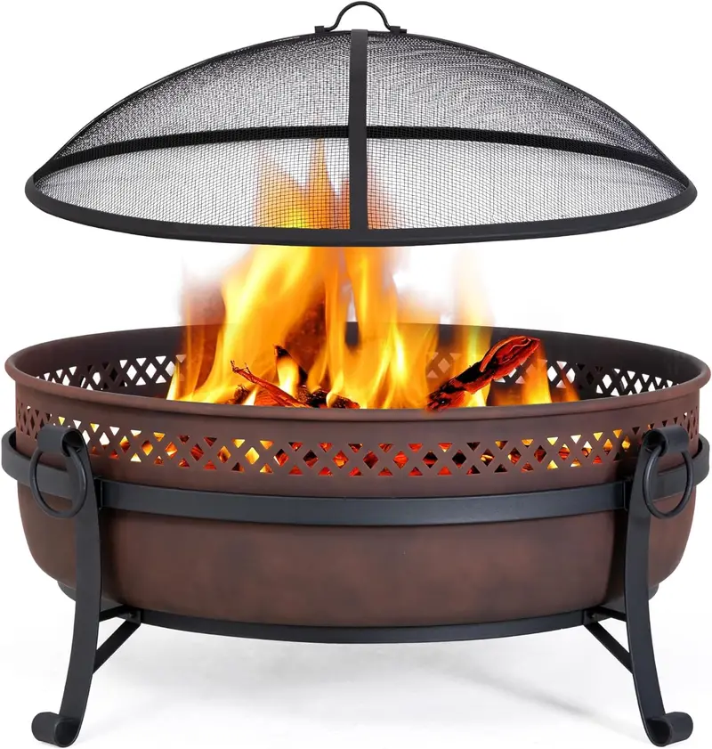 SUNCREAT 42-inch Outdoor Wood-Burning Fire Pit with Spark Screen & Poker – Black